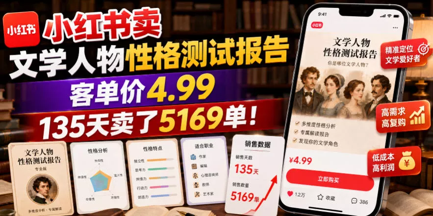 小红书卖文学人物性格测试报告，客单价4.99，135天卖了5169单！ 一点学习助手-零基础自学教程-副业项目-兴趣学习-网盘拉新平台-英语启蒙项目资源网
