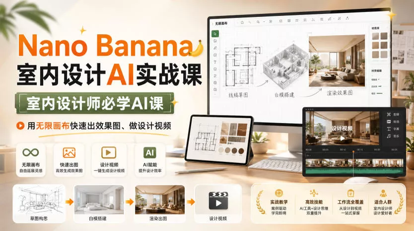 Nano Banana室内设计AI实战课，室内设计师必学AI课，用无限画布快速出效果图、做设计视频 一点学习助手-零基础自学教程-副业项目-兴趣学习-网盘拉新平台-英语启蒙项目资源网