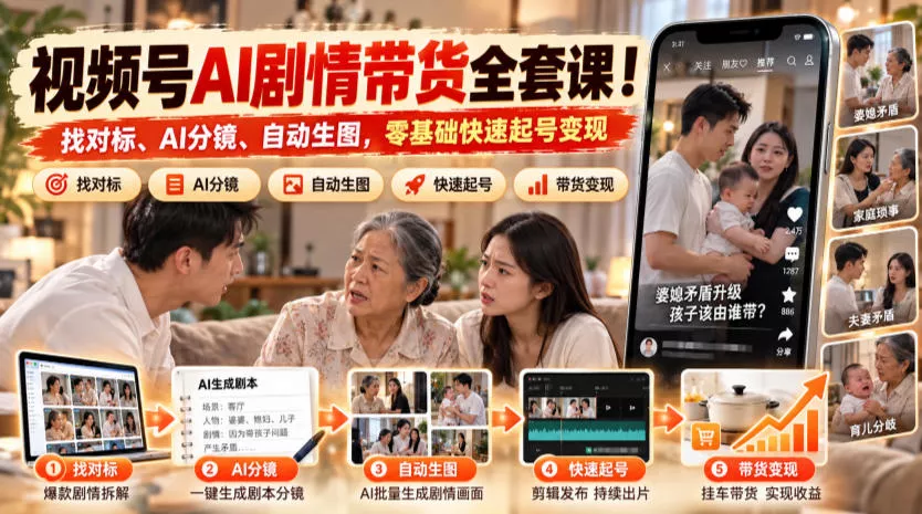 视频号AI剧情带货全套课！找对标、AI分镜、自动生图，零基础快速起号变现 一点学习助手-零基础自学教程-副业项目-兴趣学习-网盘拉新平台-英语启蒙项目资源网