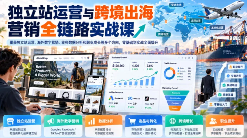 独立站运营与跨境出海营销全链路实战课，覆盖独立站运营、海外数字营销、业务数据分析和职业成长等多个方向，零基础到实战全面提升 一点学习助手-零基础自学教程-副业项目-兴趣学习-网盘拉新平台-英语启蒙项目资源网
