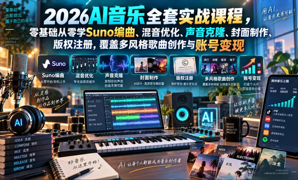2026AI音乐实战课程，零基础从零学Suno编曲、混音优化、声音克隆、版权注册，覆盖多风格歌曲创作与账号变现 一点学习助手-零基础自学教程-副业项目-兴趣学习-网盘拉新平台-英语启蒙项目资源网