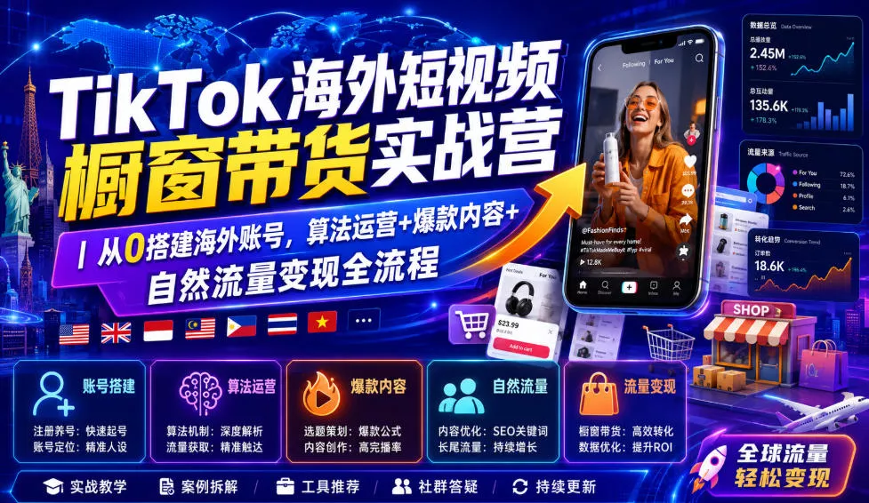TikTok海外短视频橱窗带货实战营｜从0搭建海外账号，算法运营+爆款内容+自然流量变现全流程 一点学习助手-零基础自学教程-副业项目-兴趣学习-网盘拉新平台-英语启蒙项目资源网