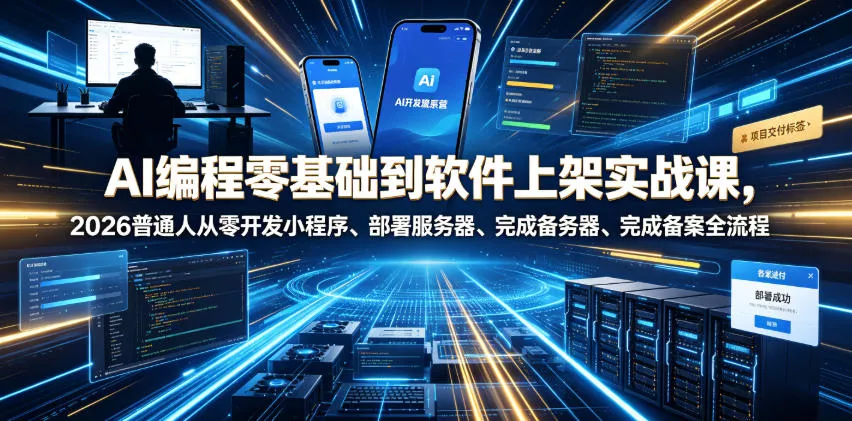 AI编程零基础到软件上架实战课，2026普通人从零开发小程序、部署服务器、完成备案全流程项目落地教程 一点学习助手-零基础自学教程-副业项目-兴趣学习-网盘拉新平台-英语启蒙项目资源网
