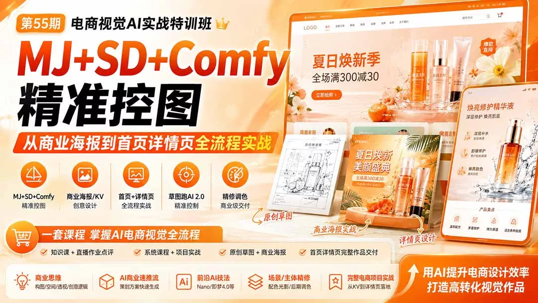电商视觉 AI实战训练营第55期：MJ+SD+Comfy精准控图，从商业海报到首页详情页全流程实战 一点学习助手-零基础自学教程-副业项目-兴趣学习-网盘拉新平台-英语启蒙项目资源网