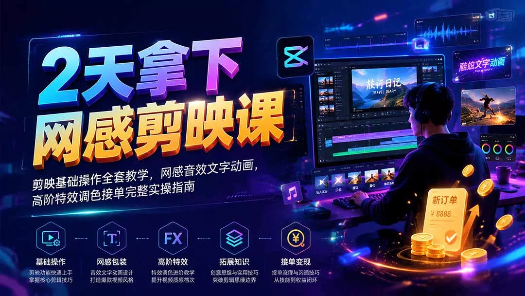 2天拿下网感剪辑课｜剪映基础操作全套教学，网感音效文字动画，高阶特效调色接单完整实操指南 一点学习助手-零基础自学教程-副业项目-兴趣学习-网盘拉新平台-英语启蒙项目资源网