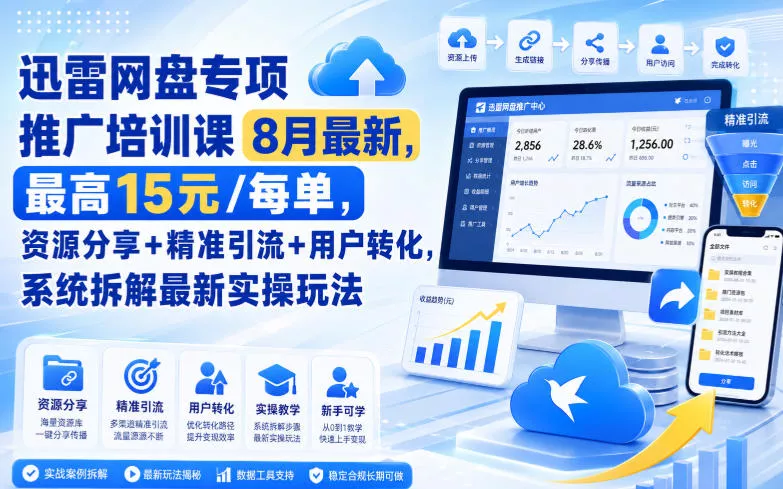 迅雷网盘专项推广培训课8月最新，最高15米/每单，资源分享+精准引流+用户转化，系统拆解最新实操玩法(更新0824) 一点学习助手-零基础自学教程-副业项目-兴趣学习-网盘拉新平台-英语启蒙项目资源网