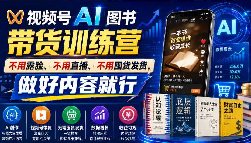视频号AI图书带货训练营，不用露脸、不用直播、不用囤货发货，做好内容就行，一条爆款视频佣金8942 一点学习助手-零基础自学教程-副业项目-兴趣学习-网盘拉新平台-英语启蒙项目资源网