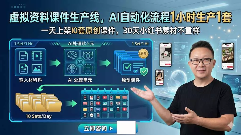虚拟资料课件生产线，AI自动化流程1小时生产1套，一天上架10套原创课件，30天小红书素材不重样 一点学习助手-零基础自学教程-副业项目-兴趣学习-网盘拉新平台-英语启蒙项目资源网