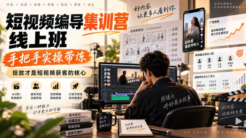 短视频编导集训营线上班，手把手实操带冻，投放才是短视频获客的核心 一点学习助手-零基础自学教程-副业项目-兴趣学习-网盘拉新平台-英语启蒙项目资源网
