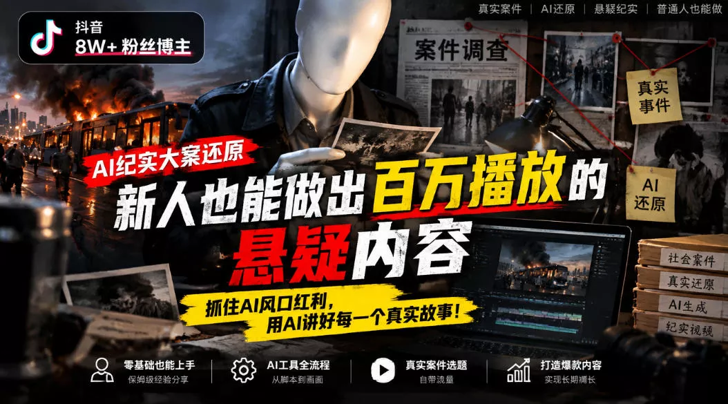 抖音8W粉丝博主的AI纪实大案还原教学，新人也能做出百W播放的悬疑内容，抓住AI风口红利，用AI讲好每一个真实故事 一点学习助手-零基础自学教程-副业项目-兴趣学习-网盘拉新平台-英语启蒙项目资源网