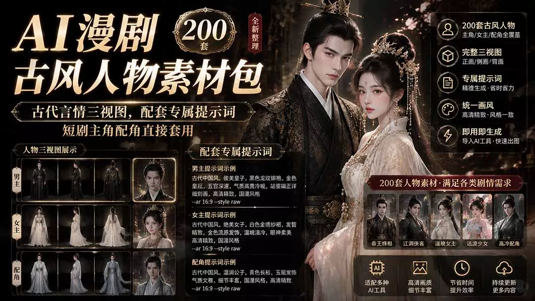 AI漫剧古风人物素材包+提示词｜200 套古代言情三视图，配套专属提示词短剧主角配角直接套用 一点学习助手-零基础自学教程-副业项目-兴趣学习-网盘拉新平台-英语启蒙项目资源网