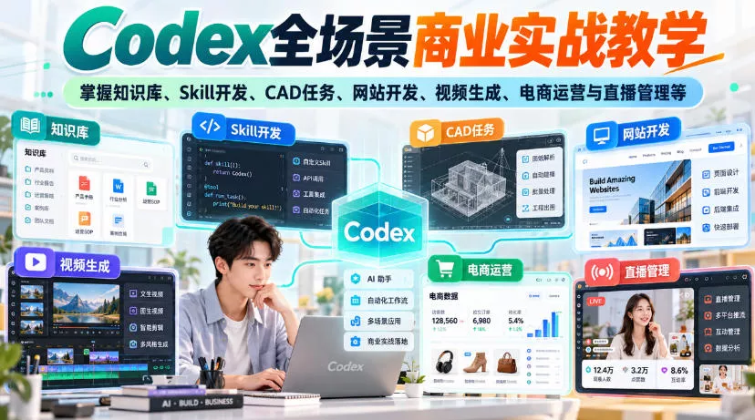 【无水印】Codex全场景商业实战教学，掌握知识库、Skill开发、CAD任务、网站开发、视频生成、电商运营与直播管理等 一点学习助手-零基础自学教程-副业项目-兴趣学习-网盘拉新平台-英语启蒙项目资源网