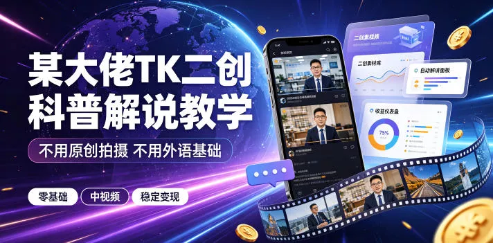 某大佬TK二创科普解说教学，不用原创拍摄不用外语基础，零基础做TikTok中视频稳定变现 一点学习助手-零基础自学教程-副业项目-兴趣学习-网盘拉新平台-英语启蒙项目资源网