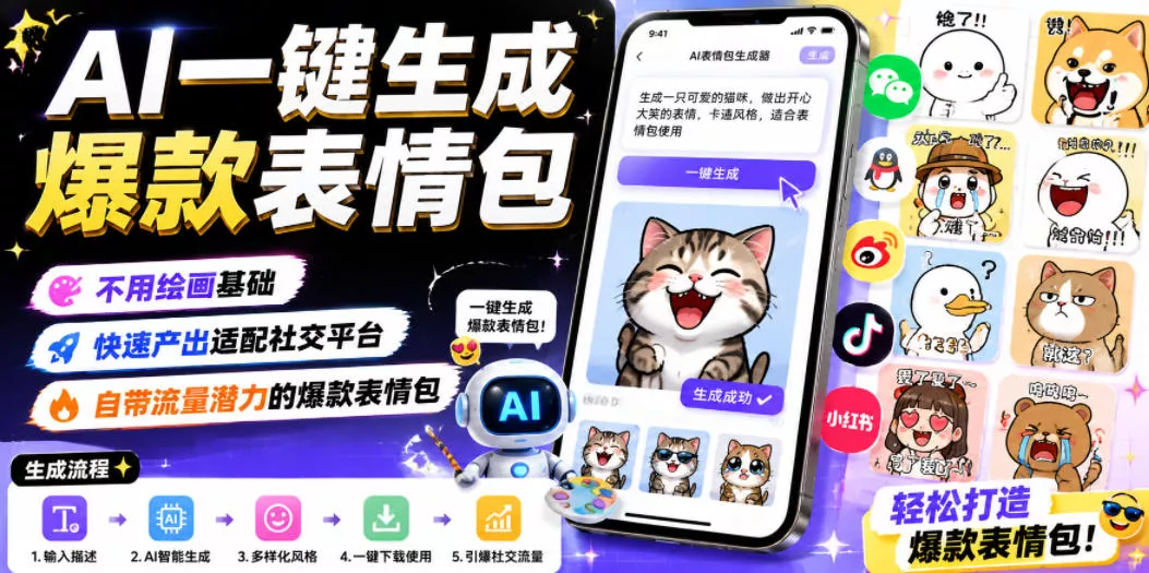 AI一键生成爆款表情包，不用绘画基础，快速产出适配社交平台，自带流量潜力的爆款表情包 一点学习助手-零基础自学教程-副业项目-兴趣学习-网盘拉新平台-英语启蒙项目资源网