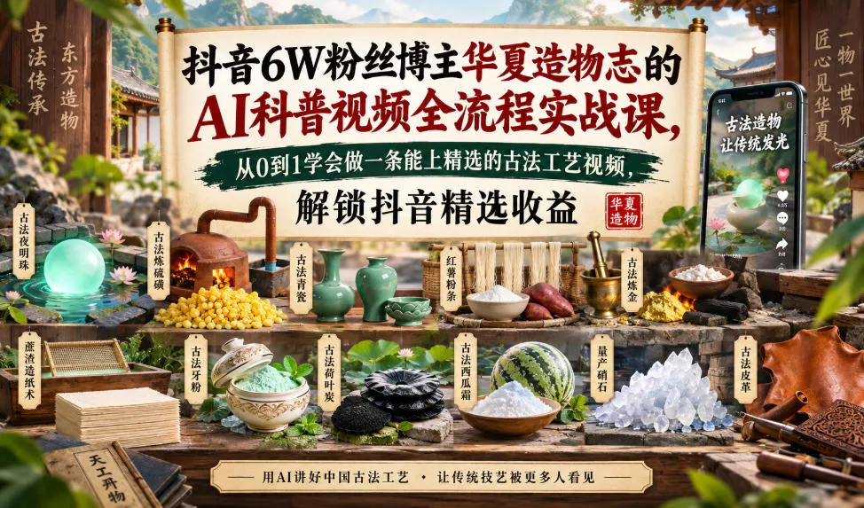 抖音6W粉丝博主华夏造物志的AI科普视频全流程实战课，从0到1学会做一条能上精选的古法工艺视频，解锁抖音精选收益 一点学习助手-零基础自学教程-副业项目-兴趣学习-网盘拉新平台-英语启蒙项目资源网