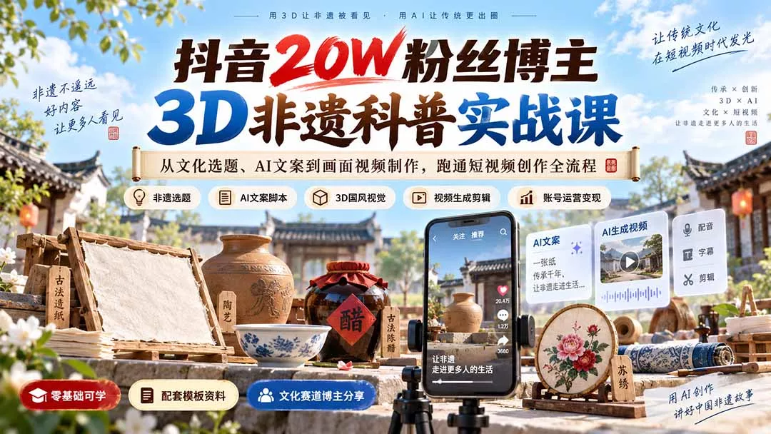 抖音20W粉丝博主3D非遗科普实战课：从文化选题、AI文案到画面视频制作，跑通短视频创作全流程 一点学习助手-零基础自学教程-副业项目-兴趣学习-网盘拉新平台-英语启蒙项目资源网