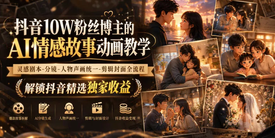 抖音10W粉丝博主的AI情感故事动画教学，灵感剧本‑分镜‑人物声画统一‑剪辑封面全流程，解锁抖音精选独家收益 一点学习助手-零基础自学教程-副业项目-兴趣学习-网盘拉新平台-英语启蒙项目资源网