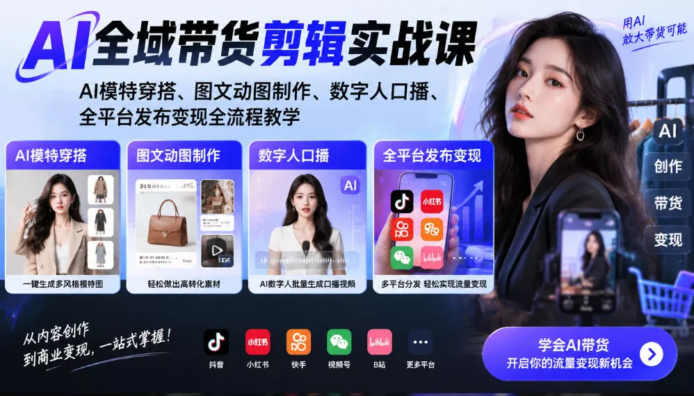 AI全域带货剪辑实战课｜AI模特穿搭、图文动图制作、数字人口播、全平台发布变现全流程教学 一点学习助手-零基础自学教程-副业项目-兴趣学习-网盘拉新平台-英语启蒙项目资源网