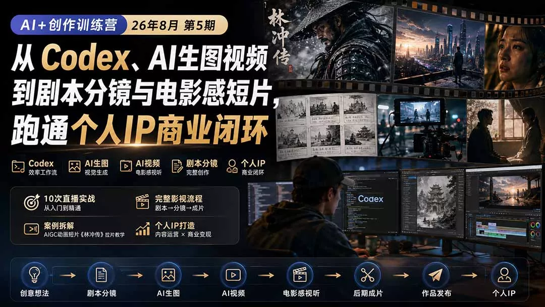 AI+创作训练营26年8月第5期：从Codex、AI生图视频到剧本分镜与电影感短片，跑通个人IP商业闭环