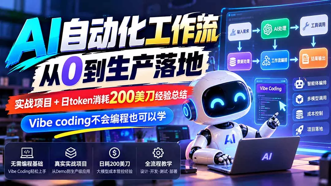 【无水印】AI自动化工作流从0到生产落地，实战项目+日token消耗200美刀经验总结，Vibe coding不会编程也可以学 一点学习助手-零基础自学教程-副业项目-兴趣学习-网盘拉新平台-英语启蒙项目资源网