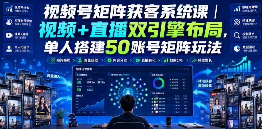 视频号矩阵获客系统课｜视频+直播双引擎布局，单人搭建50账号矩阵玩法，流量入池、搜索占位、全域引流沉淀私域全流程教学 一点学习助手-零基础自学教程-副业项目-兴趣学习-网盘拉新平台-英语启蒙项目资源网