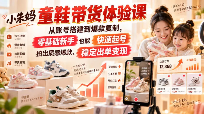 小朱妈童鞋带货体验课，从账号搭建到爆款复制，零基础新手也能快速起号、拍出质感爆款、稳定出单变现 一点学习助手-零基础自学教程-副业项目-兴趣学习-网盘拉新平台-英语启蒙项目资源网