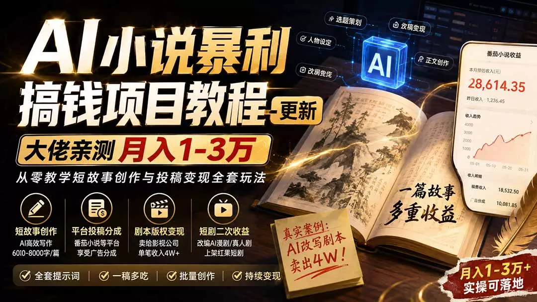 AI小说短故事暴利搞钱项目教程-更新，大佬亲测月入1-3万，从零教学短故事创作与投稿变现全套玩法 一点学习助手-零基础自学教程-副业项目-兴趣学习-网盘拉新平台-英语启蒙项目资源网