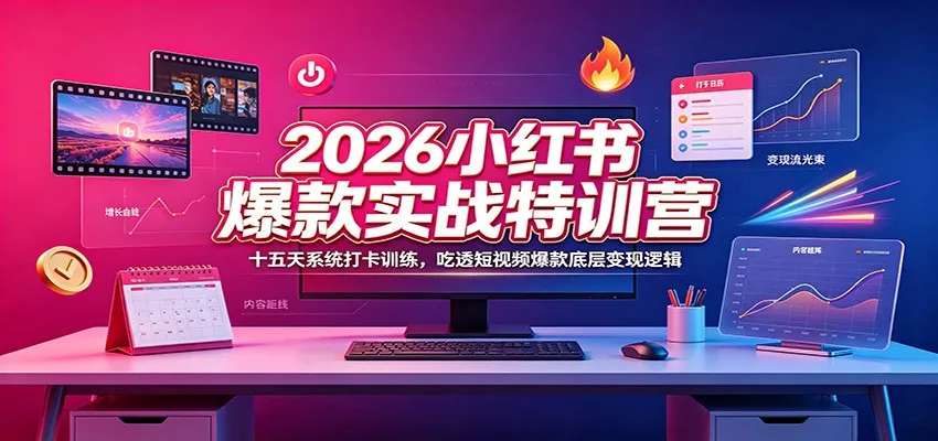 2026小红书爆款实战特训营：十五天系统打卡训练，吃透短视频爆款底层变现逻辑 一点学习助手-零基础自学教程-副业项目-兴趣学习-网盘拉新平台-英语启蒙项目资源网