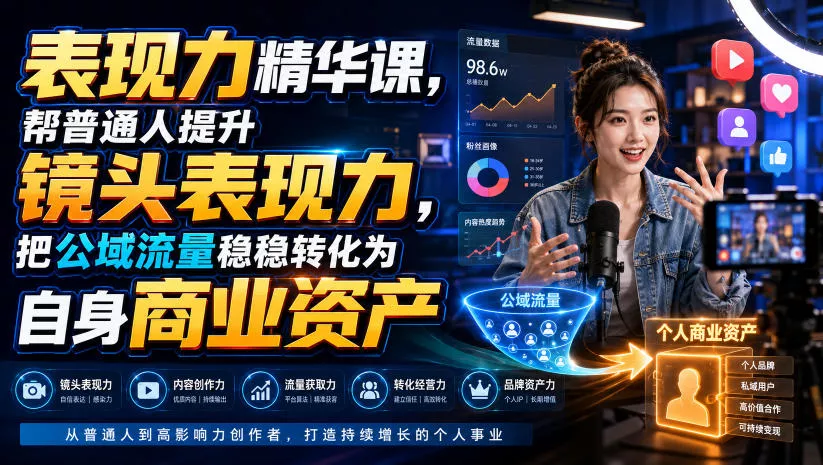 表现力精华课，帮普通人提升镜头表现力，把公域流量稳稳转化为自身商业资产 一点学习助手-零基础自学教程-副业项目-兴趣学习-网盘拉新平台-英语启蒙项目资源网