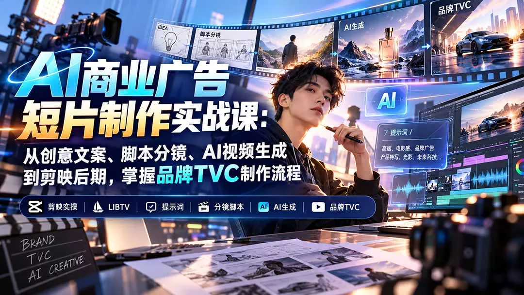 AI商业广告短片制作实战课：从创意文案、脚本分镜、AI视频生成到剪映后期，掌握品牌TVC制作流程 一点学习助手-零基础自学教程-副业项目-兴趣学习-网盘拉新平台-英语启蒙项目资源网