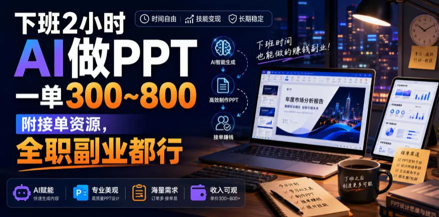 下班2小时AI做PPT，一单300~800，附接单资源，全职副业都行【揭秘】 一点学习助手-零基础自学教程-副业项目-兴趣学习-网盘拉新平台-英语启蒙项目资源网