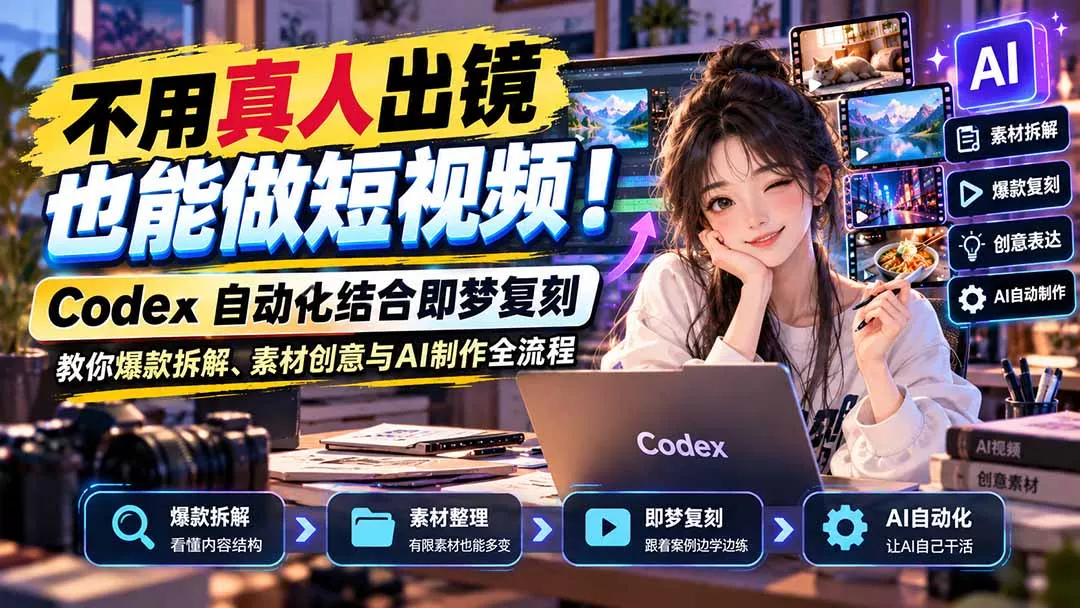 不用真人出镜也能做短视频！Codex自动化结合即梦复刻，教你爆款拆解、素材创意与AI制作全流程 一点学习助手-零基础自学教程-副业项目-兴趣学习-网盘拉新平台-英语启蒙项目资源网