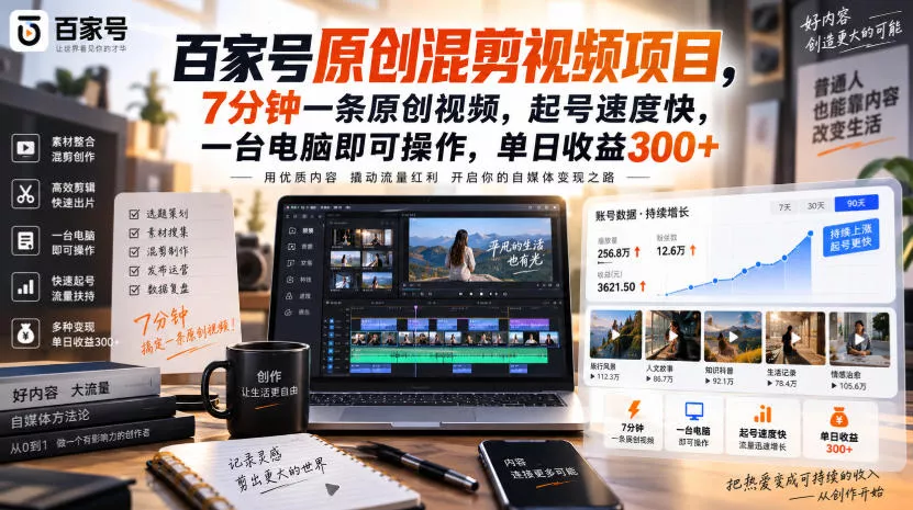 百家号原创混剪视频项目，7分钟一条原创视频，起号速度快，一台电脑即可操作，单日收益300+ 一点学习助手-零基础自学教程-副业项目-兴趣学习-网盘拉新平台-英语启蒙项目资源网