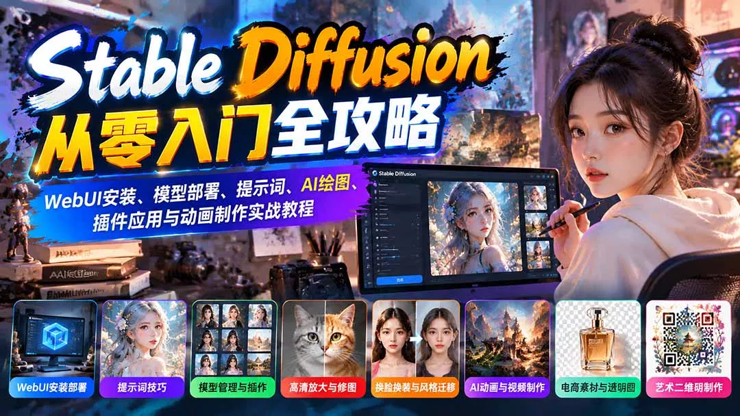 Stable Diffusion从零入门全攻略：WebUI安装、模型部署、提示词、AI绘图、插件应用与动画制作实战教程 一点学习助手-零基础自学教程-副业项目-兴趣学习-网盘拉新平台-英语启蒙项目资源网