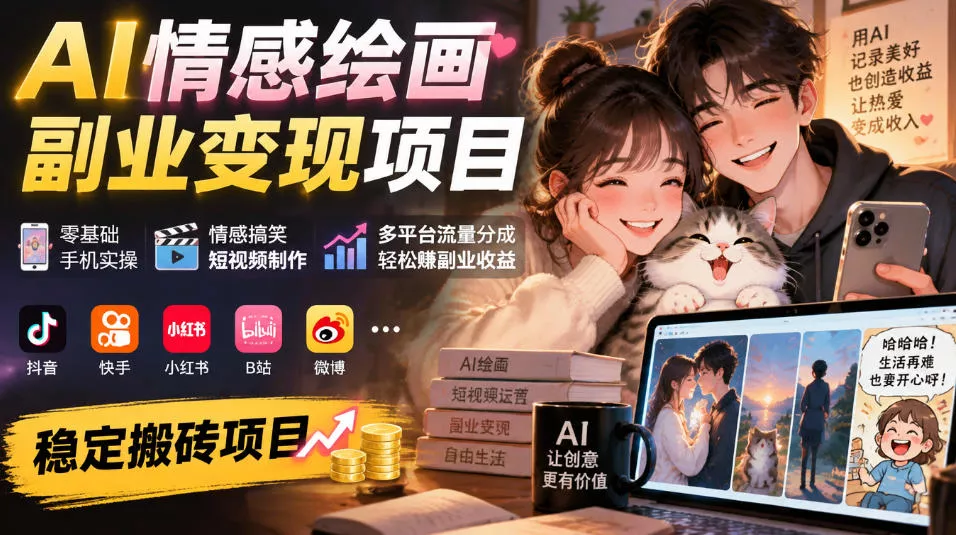 AI情感绘画副业变现项目｜零基础手机实操，情感搞笑短视频制作，多平台流量分成轻松賺副业收益 一点学习助手-零基础自学教程-副业项目-兴趣学习-网盘拉新平台-英语启蒙项目资源网