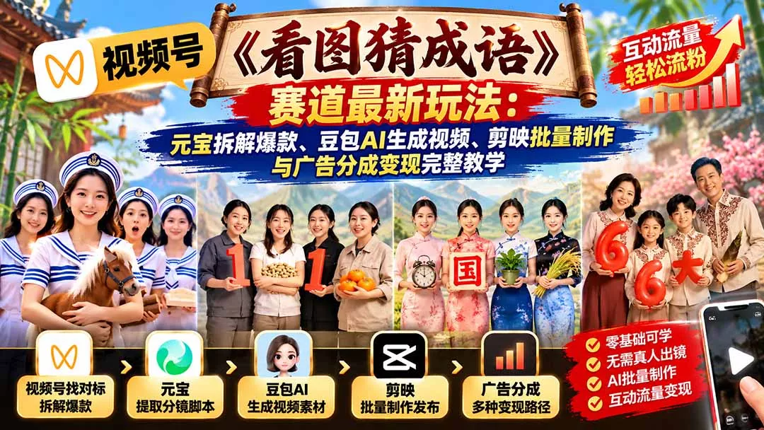 视频号《看图猜成语》赛道最新玩法：元宝拆解爆款、豆包AI生成视频、剪映批量制作与广告分成变现完整教学 一点学习助手-零基础自学教程-副业项目-兴趣学习-网盘拉新平台-英语启蒙项目资源网