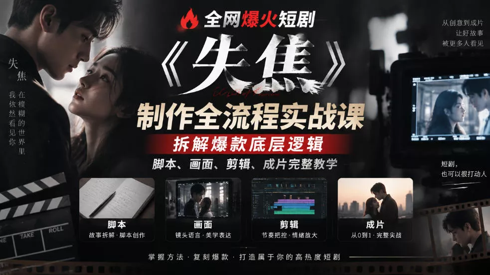 全网爆火短剧《失焦》制作全流程实战课｜拆解爆款底层逻辑，脚本、画面、剪辑、成片完整教学 一点学习助手-零基础自学教程-副业项目-兴趣学习-网盘拉新平台-英语启蒙项目资源网