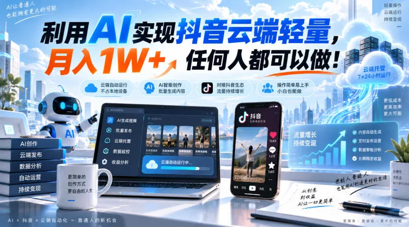 利用AI实现抖音云端轻量，月入1W+，任何人都可以做！【揭秘】 一点学习助手-零基础自学教程-副业项目-兴趣学习-网盘拉新平台-英语启蒙项目资源网