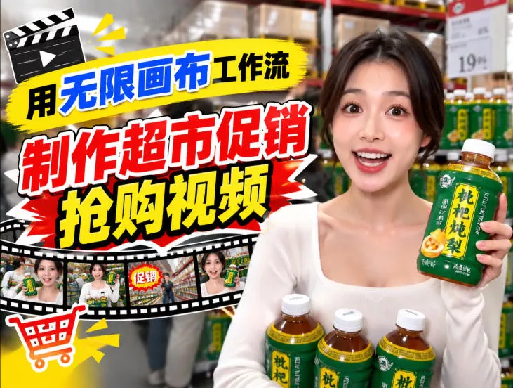 无限画布超市促销抢购视频工作流，一键产出TikTok抖音带货短视频 一点学习助手-零基础自学教程-副业项目-兴趣学习-网盘拉新平台-英语启蒙项目资源网