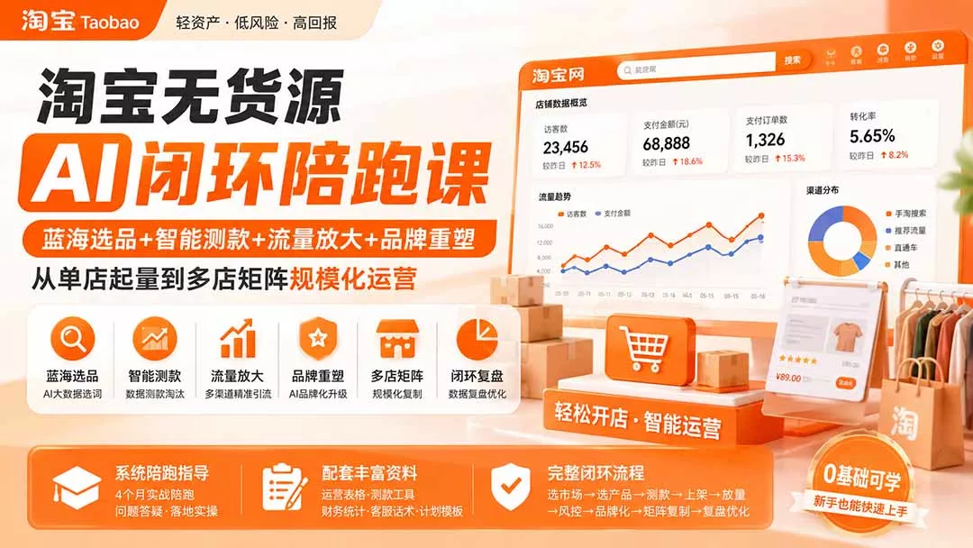 淘宝无货源AI闭环陪跑课：蓝海选品+智能测款+流量放大+品牌重塑，从单店起量到多店矩阵规模化运营 一点学习助手-零基础自学教程-副业项目-兴趣学习-网盘拉新平台-英语启蒙项目资源网