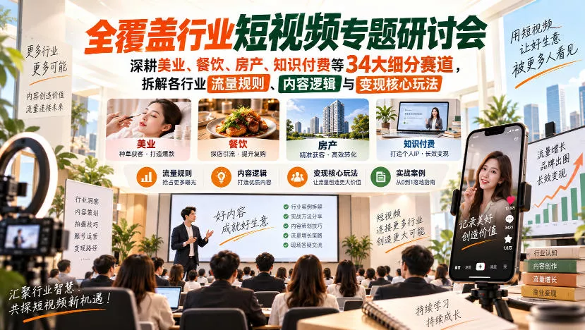 短视频专题研讨会，深耕美业、餐饮、房产、知识付费等34大细分赛道，拆解各行业流量规则、内容逻辑与变现核心玩法 一点学习助手-零基础自学教程-副业项目-兴趣学习-网盘拉新平台-英语启蒙项目资源网