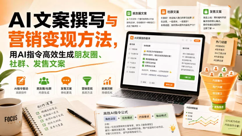 AI文案撰写与营销变现方法，用AI指令高效生成朋友圈、社群、发售文案 一点学习助手-零基础自学教程-副业项目-兴趣学习-网盘拉新平台-英语启蒙项目资源网