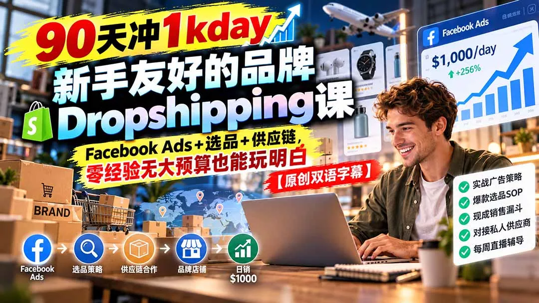 90天冲1kday 新手友好的品牌Dropshipping课：Facebook Ads+选品+供应链，零经验无大预算也能玩明白【原创双语字幕】 一点学习助手-零基础自学教程-副业项目-兴趣学习-网盘拉新平台-英语启蒙项目资源网