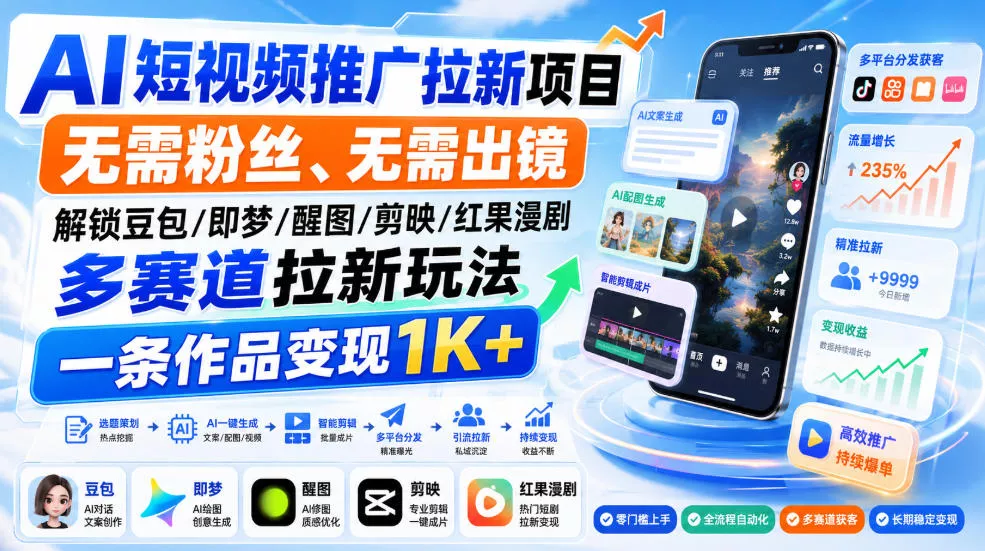 AI短视频推广拉新项目，无需粉丝、无需出镜，解锁豆包/即梦/醒图/剪映/红果漫剧多赛道拉新玩法，一条作品变现1K+ 一点学习助手-零基础自学教程-副业项目-兴趣学习-网盘拉新平台-英语启蒙项目资源网