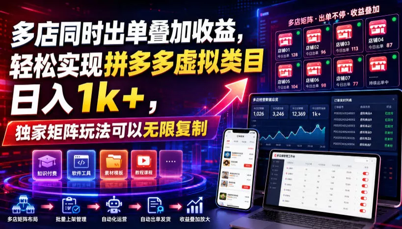 多店同时出单叠加收益，轻松实现拼多多虚拟类目日入1k+，独家矩阵玩法可以无限复制【揭秘】 一点学习助手-零基础自学教程-副业项目-兴趣学习-网盘拉新平台-英语启蒙项目资源网