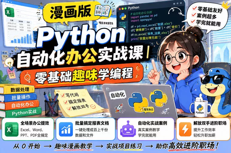 漫画版Python自动化办公实战课｜零基础趣味学编程，全场景办公提效、批量搞定报表文档、解放双手进阶职场 一点学习助手-零基础自学教程-副业项目-兴趣学习-网盘拉新平台-英语启蒙项目资源网