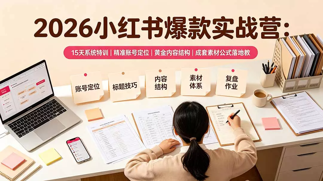 2026小红书爆款实战营：15天系统特训｜精准账号定位｜黄金内容结构｜成套素材公式落地教程 一点学习助手-零基础自学教程-副业项目-兴趣学习-网盘拉新平台-英语启蒙项目资源网