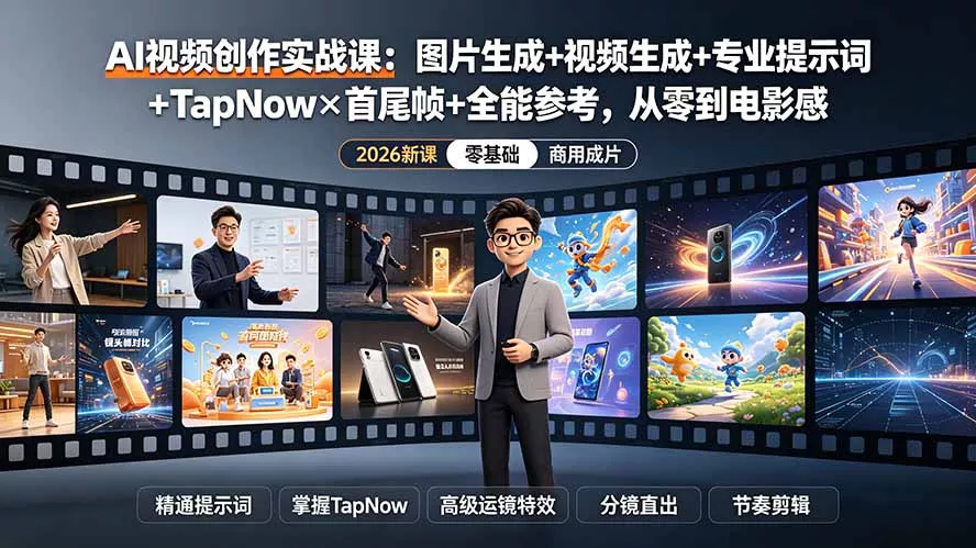 AI视频创作实战课：图片生成+视频生成+专业提示词+TapNow×首尾帧+全能参考，从零到电影感成片 一点学习助手-零基础自学教程-副业项目-兴趣学习-网盘拉新平台-英语启蒙项目资源网