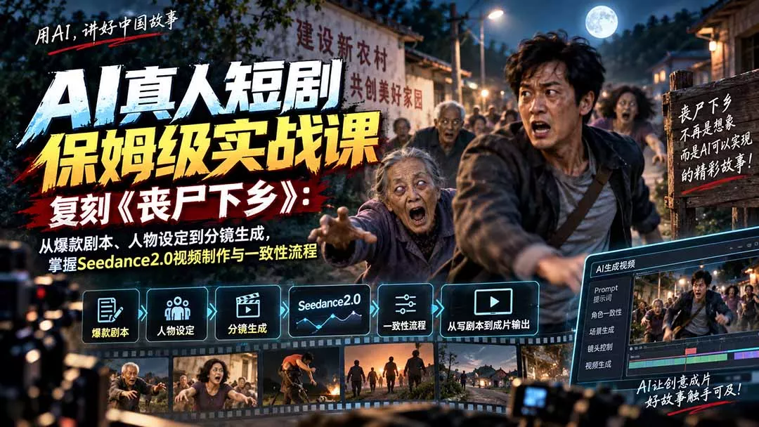 AI真人短剧保姆级实战课，复刻《丧尸下乡》：从爆款剧本、人物设定到分镜生成，掌握Seedance2.0视频制作与一致性流程 一点学习助手-零基础自学教程-副业项目-兴趣学习-网盘拉新平台-英语启蒙项目资源网