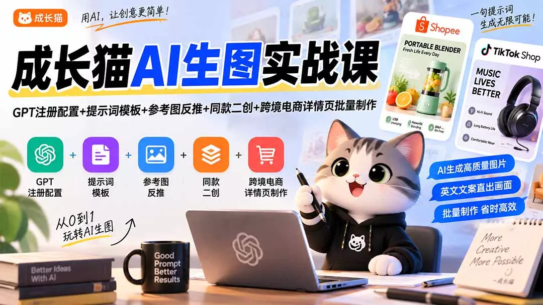 成长猫AI生图实战课｜GPT注册配置+提示词模板+参考图反推+同款二创+跨境电商详情页批量制作 一点学习助手-零基础自学教程-副业项目-兴趣学习-网盘拉新平台-英语启蒙项目资源网